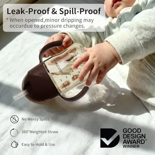 Evorie Tritan Weighted Straw Sippy Cup chaqaloqlar va yosh bolalar uchun dastali, 6 oylik va undan katta bolalar uchun somonli, to'kilmaydigan chaqaloq suv idishi, 7 Oz, chaqaloqlarni o'rgatish uchun suv idishi (jigarrang) - 3