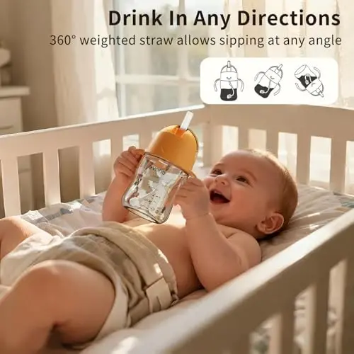 Evorie Tritan Weighted Straw Sippy Cup with Handles for Baby and Toddlers, Spill Proof Baby Water Bottle with Straw for 6 months and up, 7 Oz, Infant Training Water Bottle (Apricot) - 3