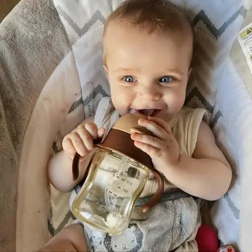Evorie Tritan Weighted Straw Sippy Cup with Handles for Baby and Toddlers, Spill Proof Baby Water Bottle with Straw for 6 months and up, 7 Oz, Infant Training Water Bottle (Brown) - EVORIE (1)
