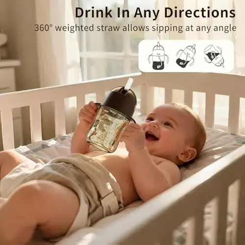 Evorie Tritan Weighted Straw Sippy Cup with Handles for Baby and Toddlers, Spill Proof Baby Water Bottle with Straw for 6 months and up, 7 Oz, Infant Training Water Bottle (Brown) - 4