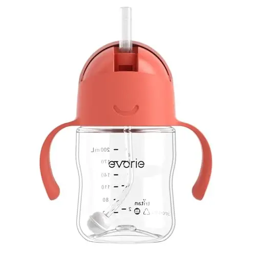 Evorie Tritan Weighted Straw Sippy Cup with Handles for Baby and Toddlers, Spill Proof Baby Water Bottle with Straw for 6 months and up, 7 Oz, Infant Training Water Bottle (Coral Red) - EVORIE