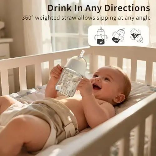 Evorie Tritan Weighted Straw Sippy Cup with Handles for Baby and Toddlers, Spill Proof Baby Water Bottle with Straw for 6 months and up, 7 Oz, Infant Training Water Bottle (Cream Beige) - 4