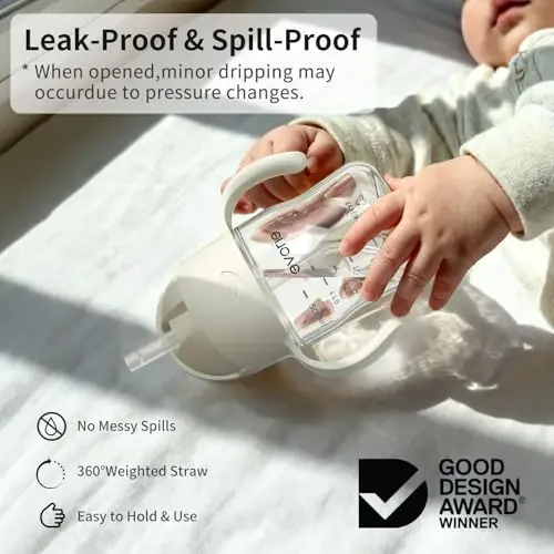 Evorie Tritan Weighted Straw Sippy Cup with Handles for Baby and Toddlers, Spill Proof Baby Water Bottle with Straw for 6 months and up, 7 Oz, Infant Training Water Bottle (Cream Beige) - 3