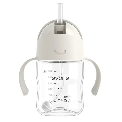 Evorie Tritan Weighted Straw Sippy Cup with Handles for Baby and Toddlers, Spill Proof Baby Water Bottle with Straw for 6 months and up, 7 Oz, Infant Training Water Bottle (Cream Beige) 