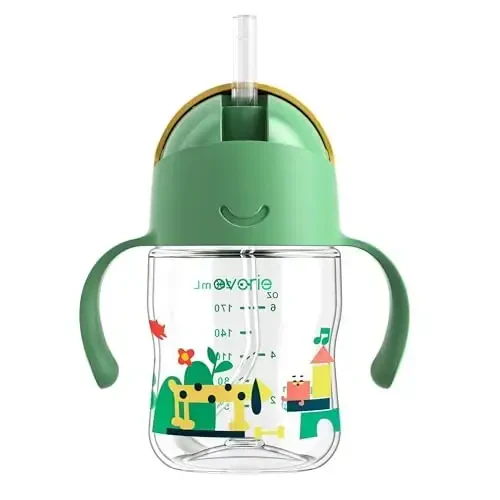 Evorie Tritan Weighted Straw Sippy Cup with Handles for Baby and Toddlers, Spill Proof Baby Water Bottle with Straw for 6 months and up, 7 Oz, Infant Training Water Bottle (Green Explore) - 1