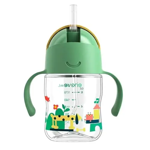 Evorie Tritan Weighted Straw Sippy Cup with Handles for Baby and Toddlers, Spill Proof Baby Water Bottle with Straw for 6 months and up, 7 Oz, Infant Training Water Bottle (Green Explore) - EVORIE