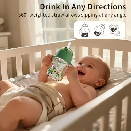 Evorie Tritan Weighted Straw Sippy Cup with Handles for Baby and Toddlers, Spill Proof Baby Water Bottle with Straw for 6 months and up, 7 Oz, Infant Training Water Bottle (Green Explore) - 3