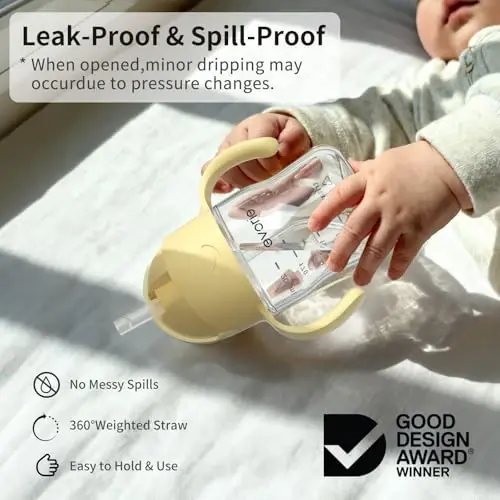 Evorie Tritan Weighted Straw Sippy Cup with Handles for Baby and Toddlers, Spill Proof Baby Water Bottle with Straw for 6 months and up, 7 Oz, Infant Training Water Bottle (Lemon Yellow) - 3