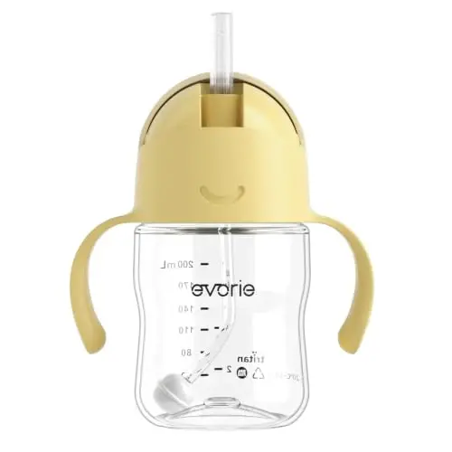 Evorie Tritan Weighted Straw Cup Baby Training Cup, Spill Proof, 7 Oz, 6M+ | BPA & BPS-Free, First learning cup, 360° drinking, Dishwasher safe, Durable Sippy Cup, Lemon Yellow 
