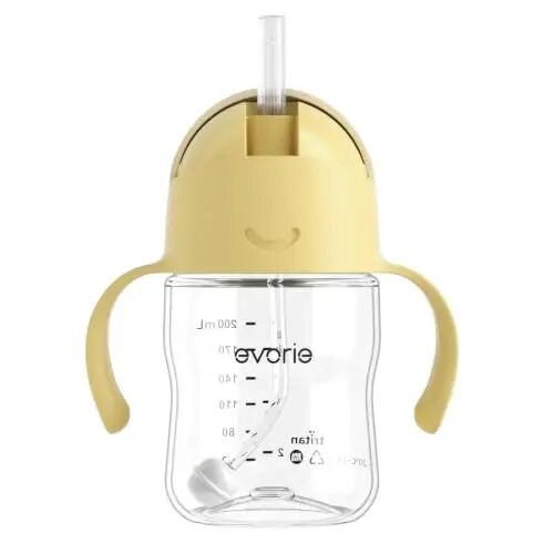 Evorie Tritan Weighted Straw Cup Baby Training Cup, Spill Proof, 7 Oz, 6M+ | BPA & BPS-Free, First learning cup, 360° drinking, Dishwasher safe, Durable Sippy Cup, Lemon Yellow 