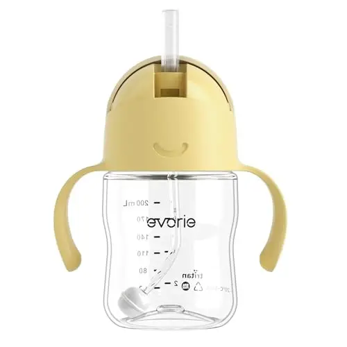 Evorie Tritan Weighted Straw Sippy Cup with Handles for Baby and Toddlers, Spill Proof Baby Water Bottle with Straw for 6 months and up, 7 Oz, Infant Training Water Bottle (Lemon Yellow) 