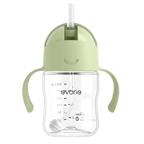Evorie Tritan Weighted Straw Sippy Cup with Handles for Baby and Toddlers, Spill Proof Baby Water Bottle with Straw for 6 months and up, 7 Oz, Infant Training Water Bottle (Light Matcha) 