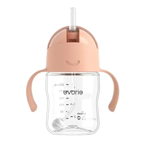 Evorie Tritan Weighted Straw Sippy Cup with Handles for Baby and Toddlers, Spill Proof Baby Water Bottle with Straw for 6 months and up, 7 Oz, Infant Training Water Bottle (Peach Pink) - EVORIE