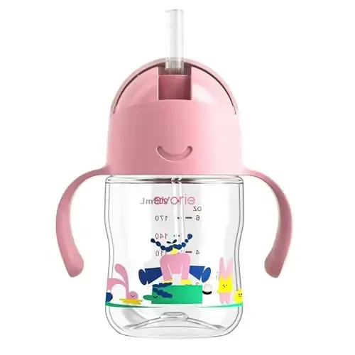 Evorie Tritan Weighted Straw Sippy Cup with Handles for Baby and Toddlers, Spill Proof Baby Water Bottle with Straw for 6 months and up, 7 Oz, Infant Training Water Bottle (Pink Fairy tale) - EVORIE