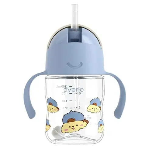 Evorie Tritan Weighted Straw Sippy Cup with Handles for Baby and Toddlers, Spill Proof Baby Water Bottle with Straw for 6 months and up, 7 Oz, Infant Training Water Bottle (Puppy Blue) - EVORIE