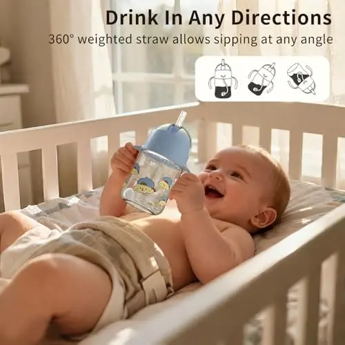 Evorie Tritan Weighted Straw Sippy Cup with Handles for Baby and Toddlers, Spill Proof Baby Water Bottle with Straw for 6 months and up, 7 Oz, Infant Training Water Bottle (Puppy Blue) - 4