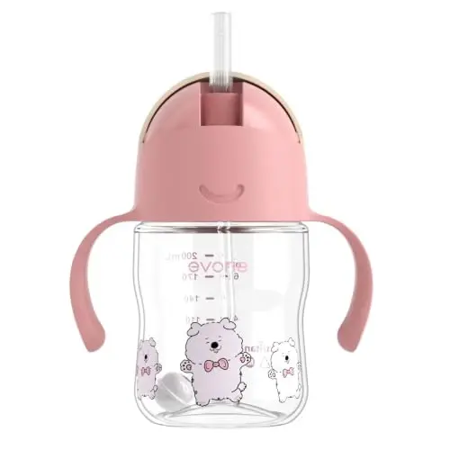 Evorie Tritan Weighted Straw Cup Baby Training Cup, Spill Proof, 7 Oz, 6M+ | BPA & BPS-Free, First learning cup, 360° drinking, Dishwasher safe, Durable Sippy Cup, Puppy Pink 