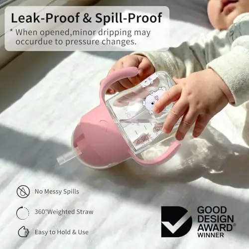 Evorie Tritan Weighted Straw Sippy Cup with Handles for Baby and Toddlers, Spill Proof Baby Water Bottle with Straw for 6 months and up, 7 Oz, Infant Training Water Bottle (Puppy Pink) - 3