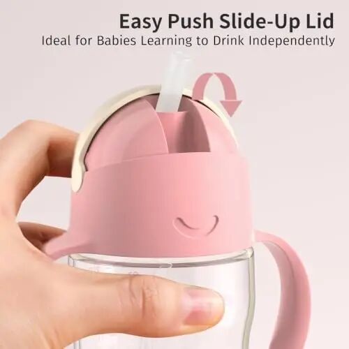 Evorie Tritan Weighted Straw Cup Baby Training Cup, Spill Proof, 7 Oz, 6M+ | BPA & BPS-Free, First learning cup, 360° drinking, Dishwasher safe, Durable Sippy Cup, Puppy Pink - 6
