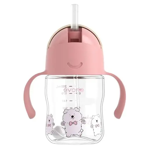 Evorie Tritan Weighted Straw Sippy Cup with Handles for Baby and Toddlers, Spill Proof Baby Water Bottle with Straw for 6 months and up, 7 Oz, Infant Training Water Bottle (Puppy Pink) - 1