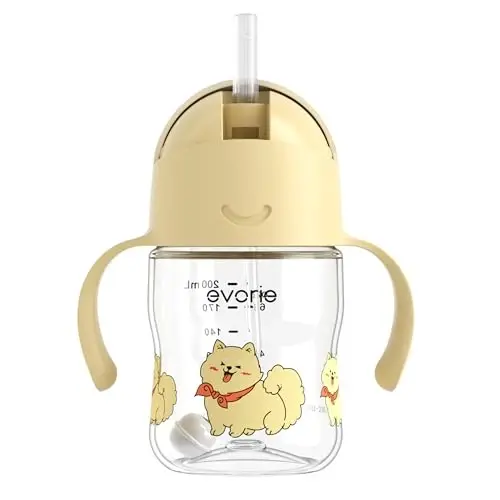 Evorie Tritan Weighted Straw Sippy Cup with Handles for Baby and Toddlers, Spill Proof Baby Water Bottle with Straw for 6 months and up, 7 Oz, Infant Training Water Bottle (Puppy Yellow) - 1
