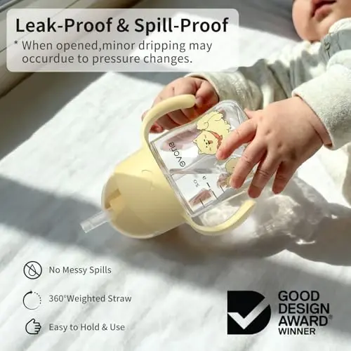 Evorie Tritan Weighted Straw Sippy Cup with Handles for Baby and Toddlers, Spill Proof Baby Water Bottle with Straw for 6 months and up, 7 Oz, Infant Training Water Bottle (Puppy Yellow) - 2