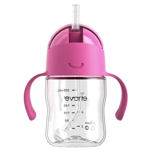 Evorie Tritan Weighted Straw Sippy Cup with Handles for Baby and Toddlers, Spill Proof Baby Water Bottle with Straw for 6 months and up, 7 Oz, Infant Training Water Bottle (Strawberry) - EVORIE
