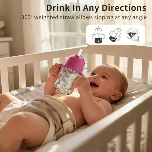 Evorie Tritan Weighted Straw Sippy Cup with Handles for Baby and Toddlers, Spill Proof Baby Water Bottle with Straw for 6 months and up, 7 Oz, Infant Training Water Bottle (Strawberry) - 3