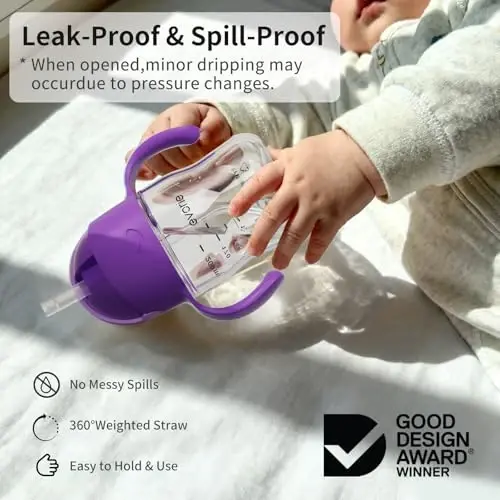 Evorie Tritan Weighted Straw Sippy Cup with Handles for Baby and Toddlers, Spill Proof Baby Water Bottle with Straw for 6 months and up, 7 Oz, Infant Training Water Bottle (Ube) - EVORIE (1)