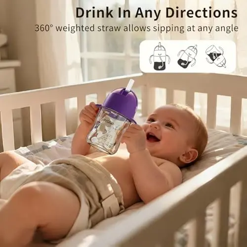 Evorie Tritan Weighted Straw Sippy Cup with Handles for Baby and Toddlers, Spill Proof Baby Water Bottle with Straw for 6 months and up, 7 Oz, Infant Training Water Bottle (Ube) - 3
