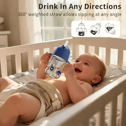 Evorie Tritan Weighted Straw Sippy Cup with Handles for Baby and Toddlers, Spill Proof Baby Water Bottle with Straw for 6 months and up, 7 Oz, Infant Training Water Bottle (Wathet) - 3
