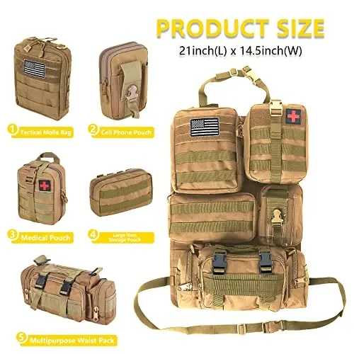 Universal Tactical Car Seat Back Organizer Bag Tactical Molle Vehicle Organizers Panel Vehicle Protector Organizers with 5 Detachable Pouches for Car Truck Ford Jeep (Khaki) - BXBXHD (1)