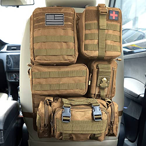 Universal Tactical Car Seat Back Organizer Bag Tactical Molle Vehicle Organizers Panel Vehicle Protector Organizers with 5 Detachable Pouches for Car Truck Ford Jeep (Khaki) - 1