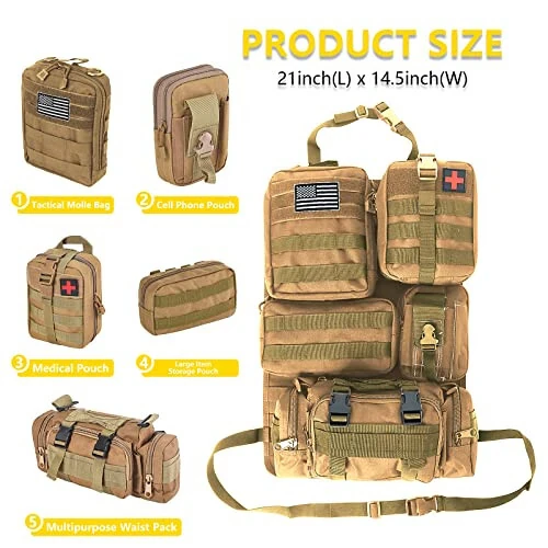Universal Tactical Car Seat Back Organizer Bag Tactical Molle Vehicle Organizers Panel Vehicle Protector Organizers with 5 Detachable Pouches for Car Truck Ford Jeep (Khaki) - Modazone (1)