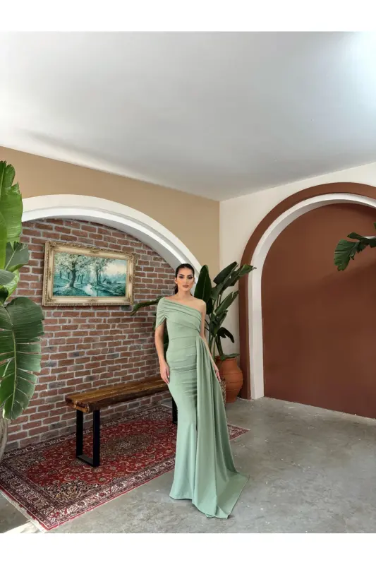 Ewo Kuyruklu Tek Omuz Abiye Saks Mavisi - MİNT - 3