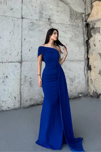 Ewo Kuyruklu Tek Omuz Abiye Saks Mavisi-САКС МАВИСИ - 1