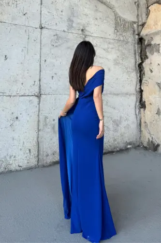 Ewo Kuyruklu Tek Omuz Abiye Saks Mavisi-САКС МАВИСИ - 4