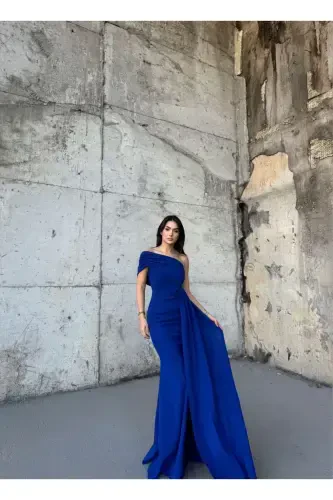 Ewo Kuyruklu Tek Omuz Abiye Saks Mavisi-SAKS MAVİSİ - 1