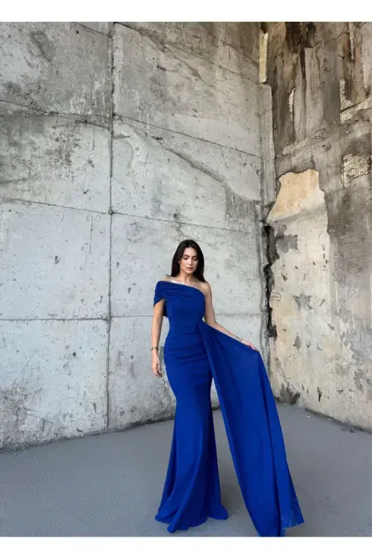 Ewo Kuyruklu Tek Omuz Abiye Saks Mavisi-SAKS MAVİSİ - 2