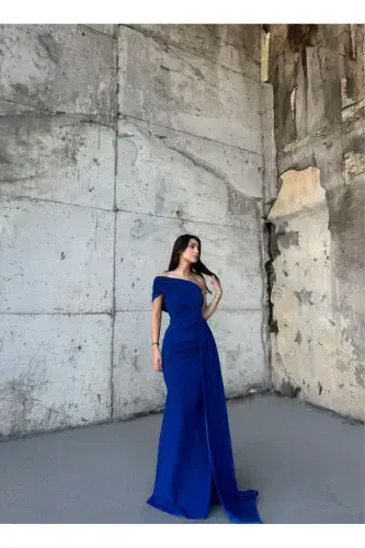 Ewo Kuyruklu Tek Omuz Abiye Saks Mavisi-SAKS MAVİSİ - 3