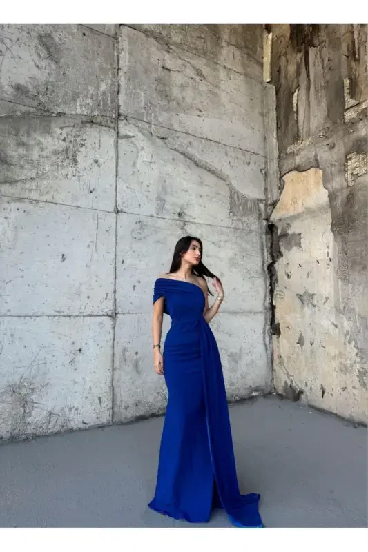 Ewo Kuyruklu Tek Omuz Abiye Saks Mavisi-SAKS MAVİSİ - 3