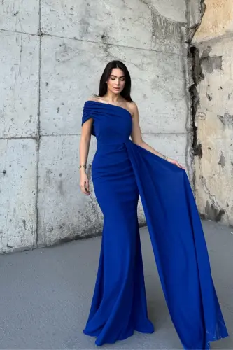 Ewo Kuyruklu Tek Omuz Abiye Saks Mavisi-SAKS MAVİSİ - SINDIMODA (1)