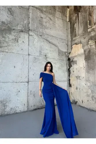 Ewo Kuyruqli Yelkali Bir Yelkali Ko'k Abiye - SAKS KO'KI - SINDIMODA (1)