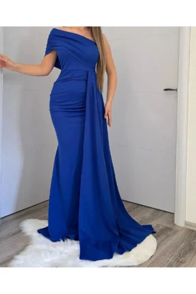 Ewo One Shoulder Evening Dress with Tail SAX BLUE - MEKAFASHION