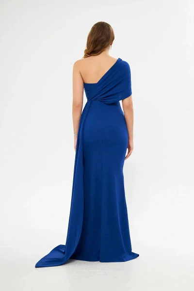 Ewo One Shoulder Evening Dress with Tail SAX BLUE - MEKAFASHION (1)