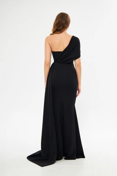 Ewo One Shoulder Tail Black Evening Dress - MEKAFASHION (1)