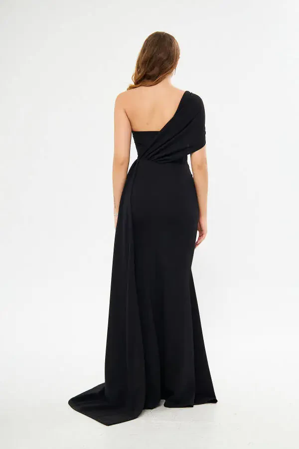 Ewo One Shoulder Tail Black Evening Dress - 2