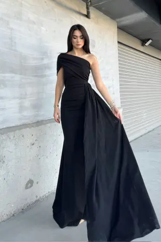 Ewo One Shoulder Tail Black Evening Dress - 2