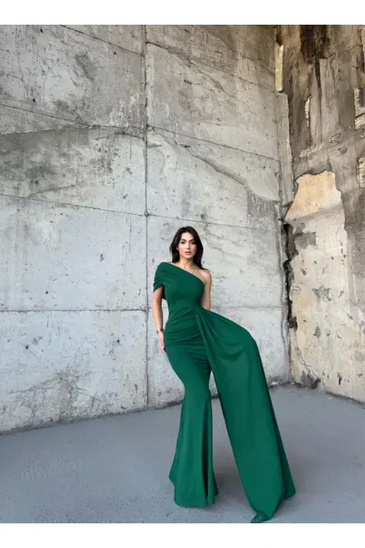 Ewo Sequined One Shoulder Evening Dress-EMERALD - 1