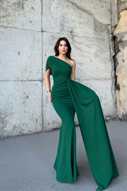 Ewo Sequined One Shoulder Evening Dress-EMERALD - 1
